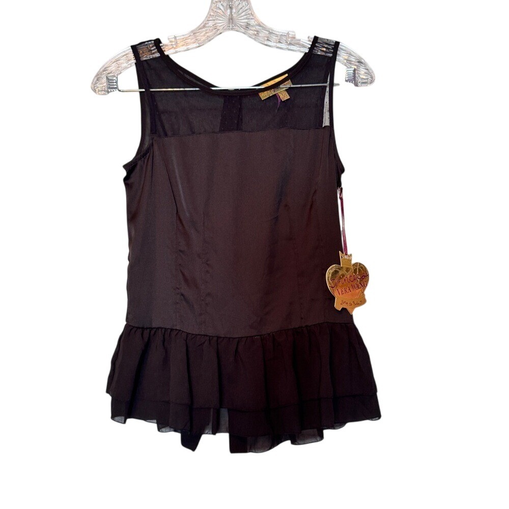 Princess Vera Wang Brown‎ Peplum Top Swiss Dot Mesh Button Back XS